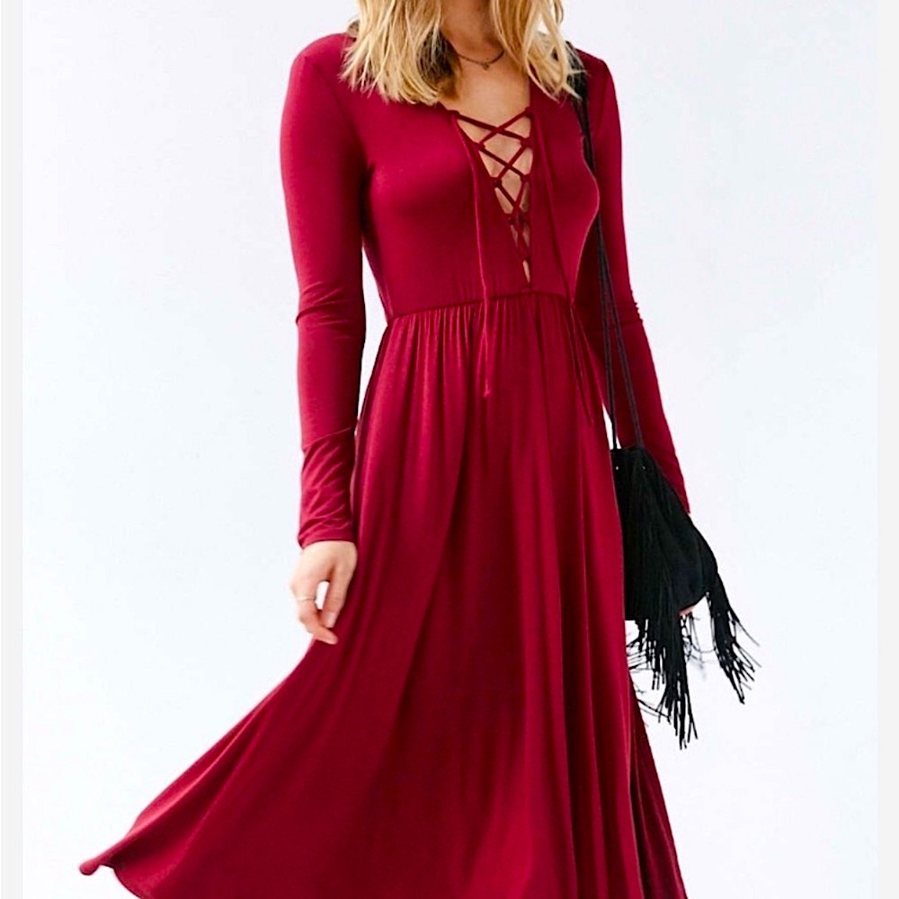 Ecote Urban outfitters burgundy lace-up maxi Dress Sz S/P full length flowy boho - Picture 1 of 11